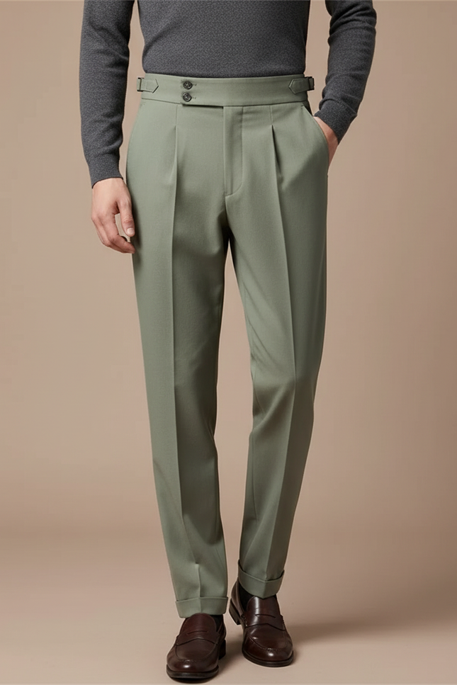Pantalon À Pince Vert Olive Plissé Drapé Élégant Homme - Gabardine