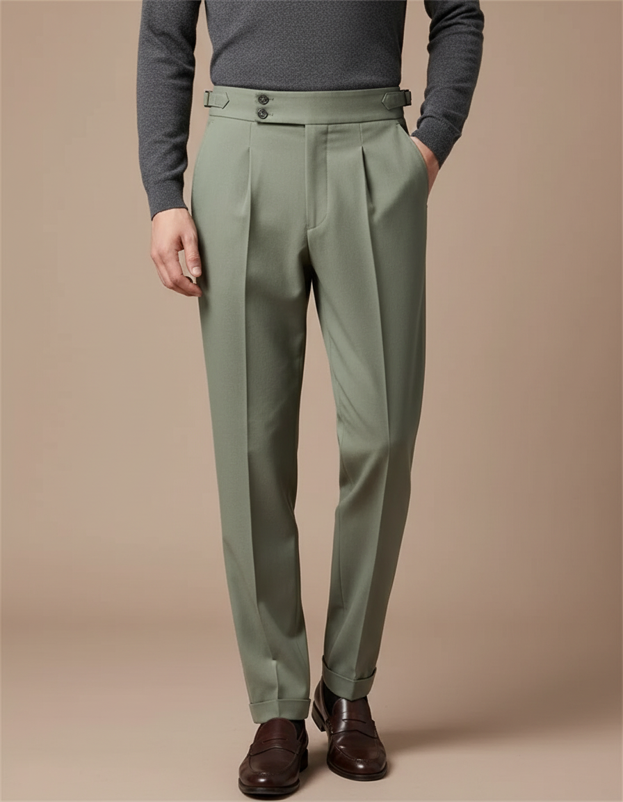 Pantalon À Pince Vert Olive Plissé Drapé Élégant Homme - Gabardine