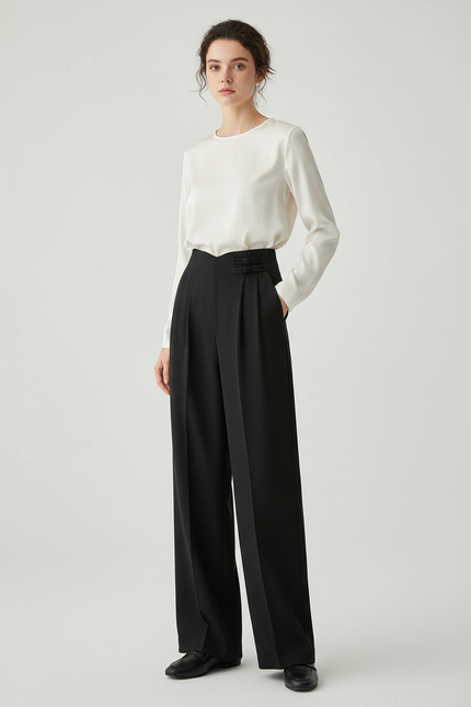 Pantalon À Pince Noir Fluide Ample Élégant Femme - Polyester