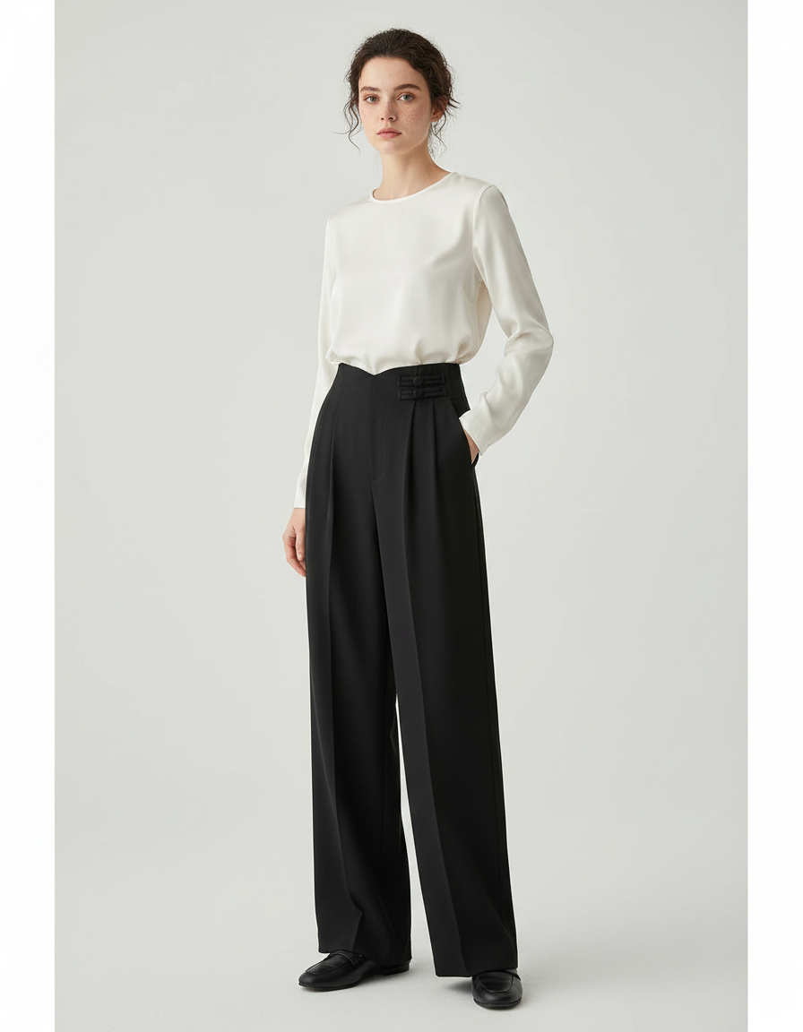Pantalon À Pince Noir Fluide Ample Élégant Femme - Polyester