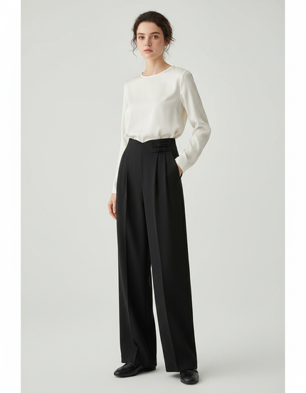 Pantalon À Pince Noir Fluide Ample Élégant Femme - Polyester