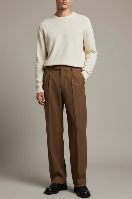 Pantalon À Pince Marron Plissé Ample Élégant Homme - Gabardine