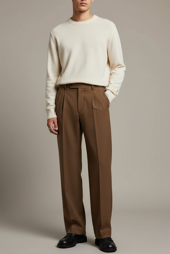 Pantalon À Pince Marron Plissé Ample Élégant Homme - Gabardine