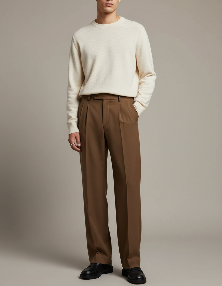 Pantalon À Pince Marron Plissé Ample Élégant Homme - Gabardine