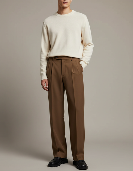 Pantalon À Pince Marron Plissé Ample Élégant Homme - Gabardine