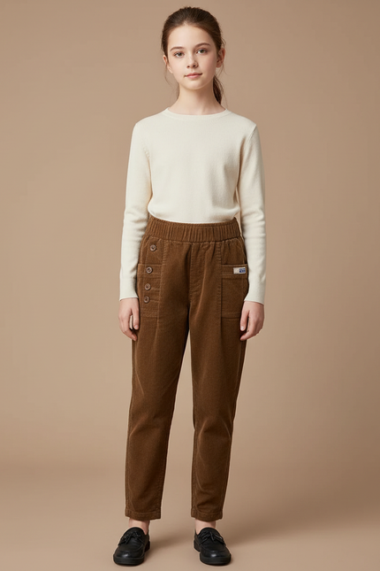 Pantalon À Pince Marron Côtelé Décontracté Boutons Fille - Cordé
