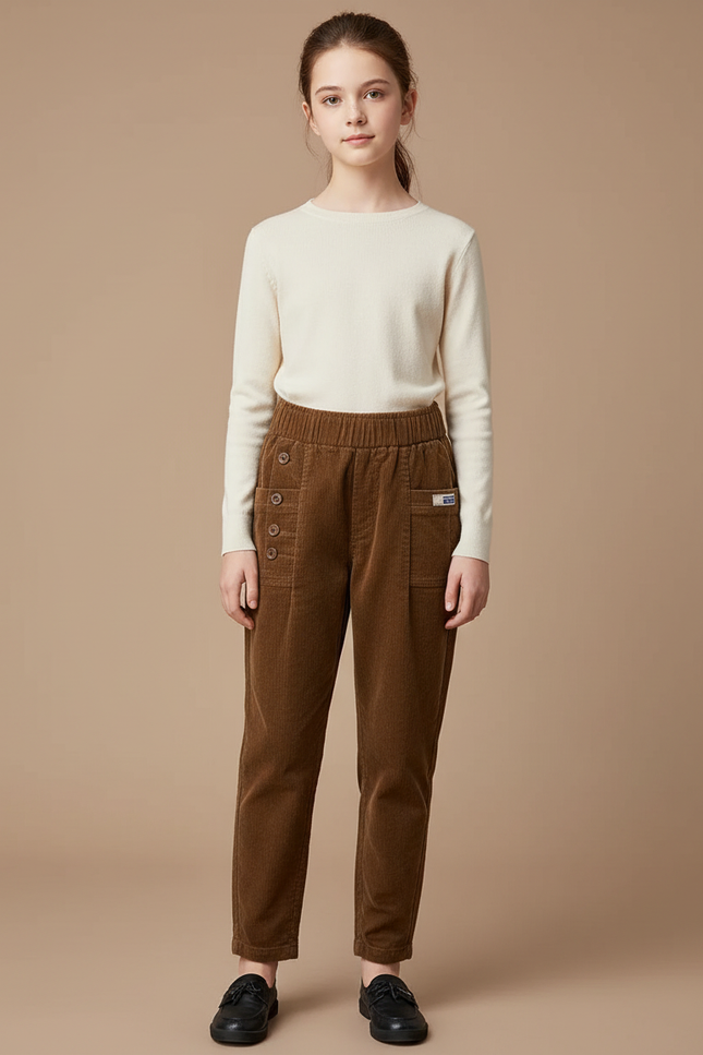 Pantalon À Pince Marron Côtelé Décontracté Boutons Fille - Cordé