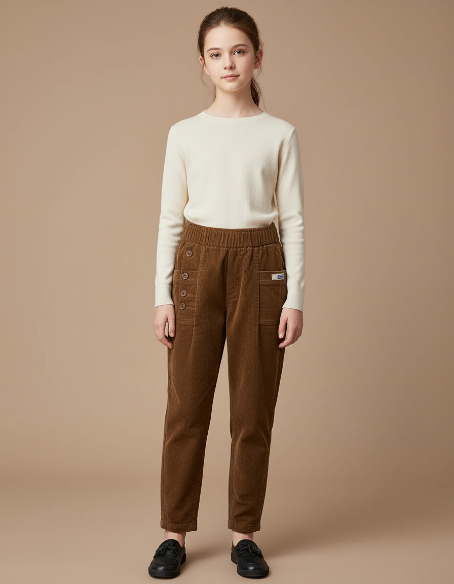 Pantalon À Pince Marron Côtelé Décontracté Boutons Fille - Cordé