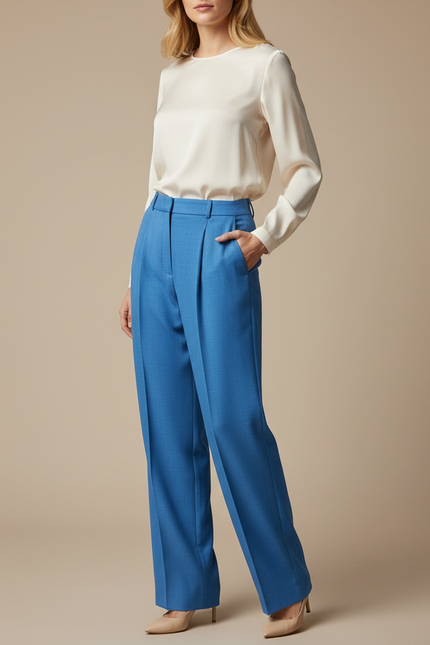Pantalon À Pince Bleu Royal Plissé Droit Élégant Femme - Laine