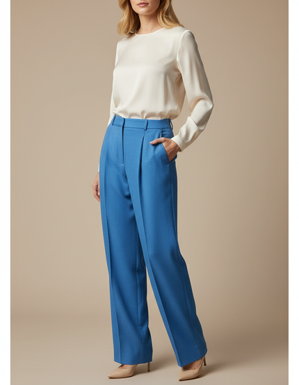Pantalon À Pince Bleu Royal Plissé Droit Élégant Femme - Laine