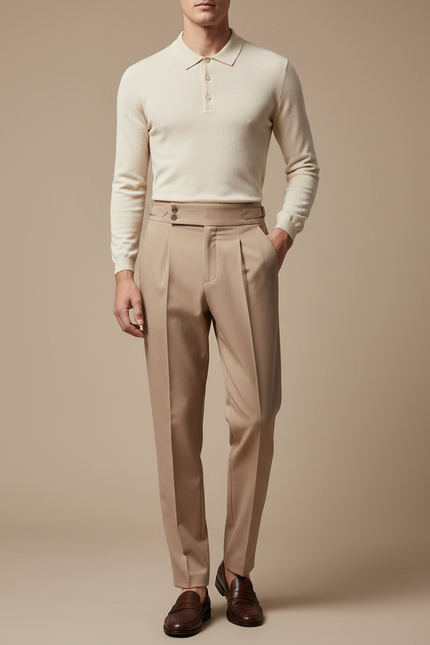 Pantalon À Pince Beige Plissé Drapé Élégant Homme - Gabardine