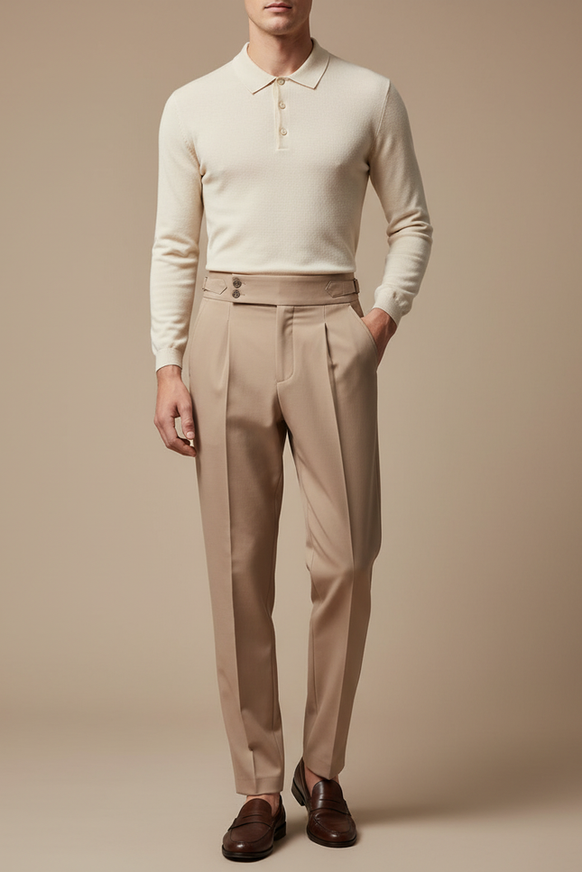 Pantalon À Pince Beige Plissé Drapé Élégant Homme - Gabardine