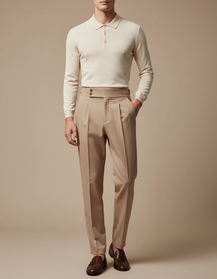 Pantalon À Pince Beige Plissé Drapé Élégant Homme - Gabardine
