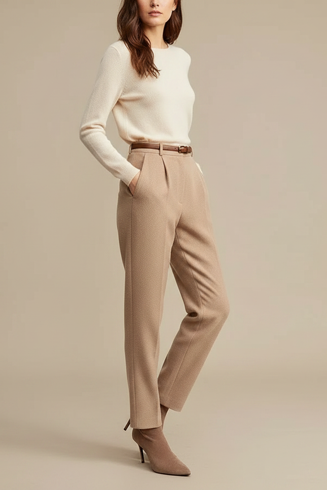 Pantalon À Pince Beige Laine Droit Élégant Femme