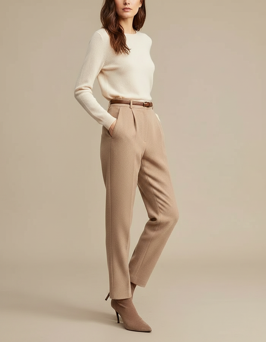 Pantalon À Pince Beige Laine Droit Élégant Femme