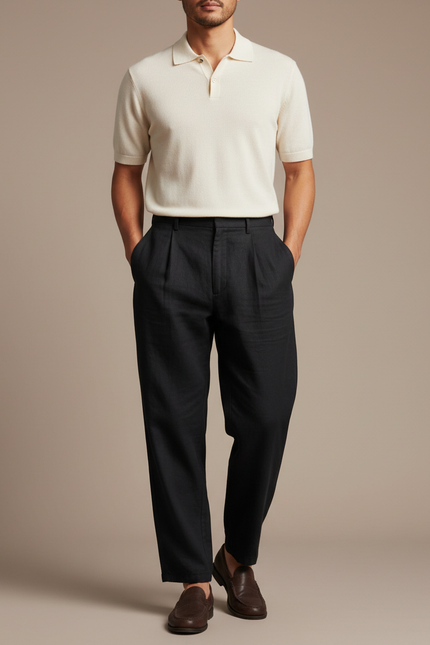 Pantalon À Pince Noir Lin Plissé Droit Homme