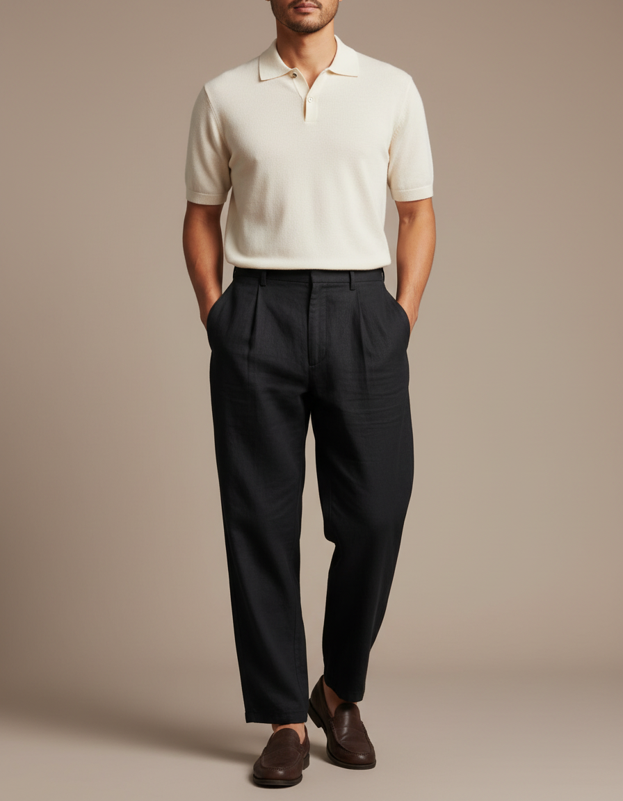 Pantalon À Pince Noir Lin Plissé Droit Homme
