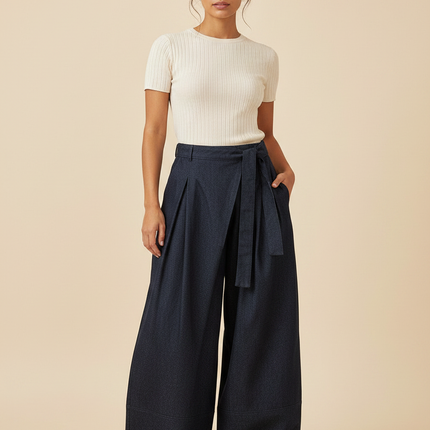 Pantalon À Pince Bleu Marine Fluide Ceinturé Large Femme - Gabardine