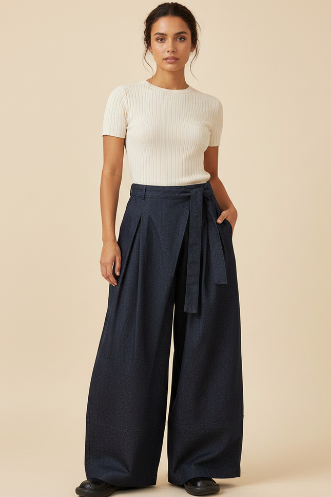 Pantalon À Pince Bleu Marine Fluide Ceinturé Large Femme - Gabardine