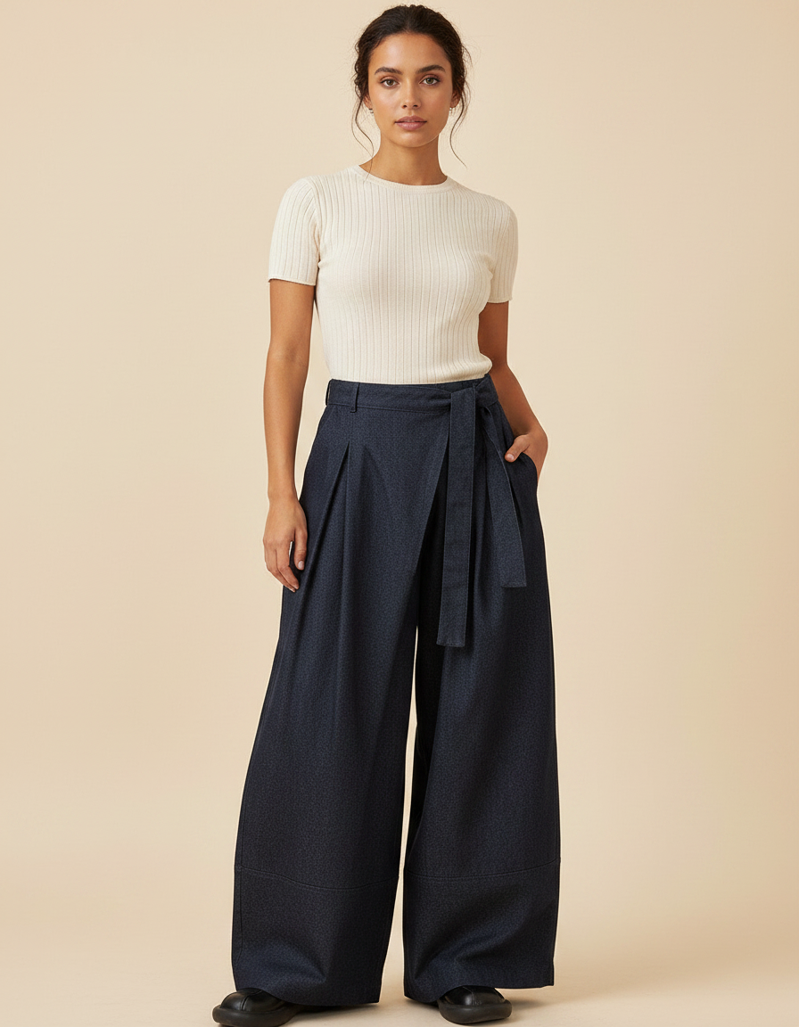 Pantalon À Pince Bleu Marine Fluide Ceinturé Large Femme - Gabardine