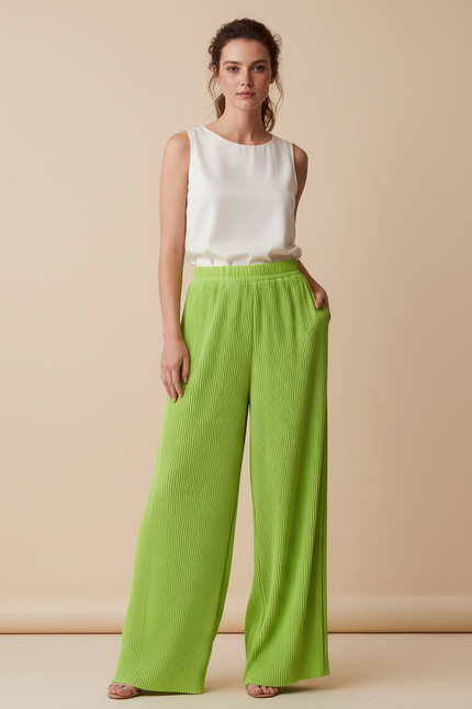 Pantalon À Pince Plissé Vert Ample Fluide Élastique - Polyester