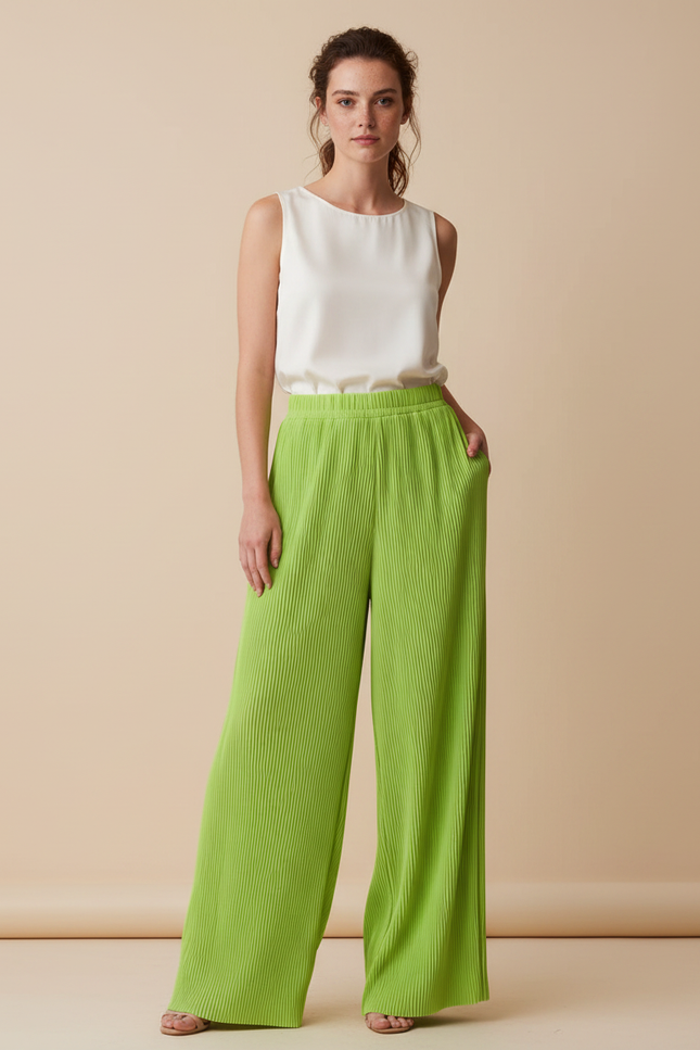 Pantalon À Pince Plissé Vert Ample Fluide Élastique - Polyester