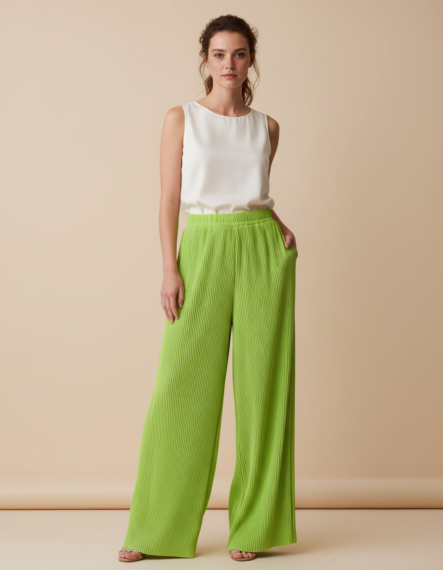 Pantalon À Pince Plissé Vert Ample Fluide Élastique - Polyester