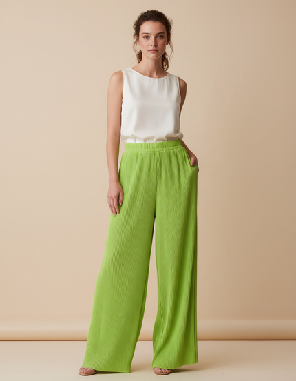 Pantalon À Pince Plissé Vert Ample Fluide Élastique - Polyester