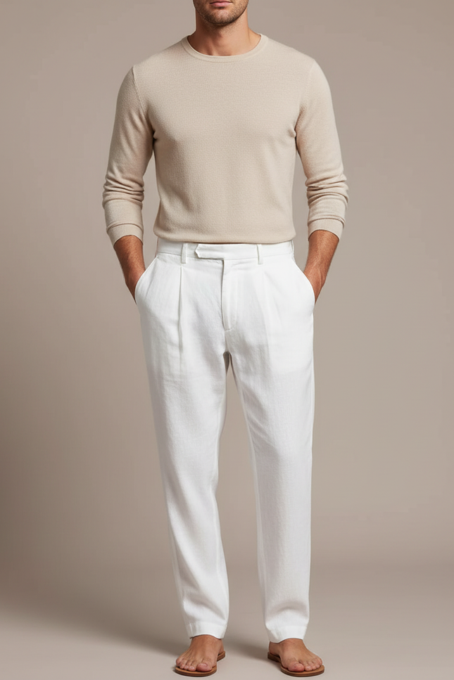 Pantalon À Pince Blanc Lin Plissé Droit Homme
