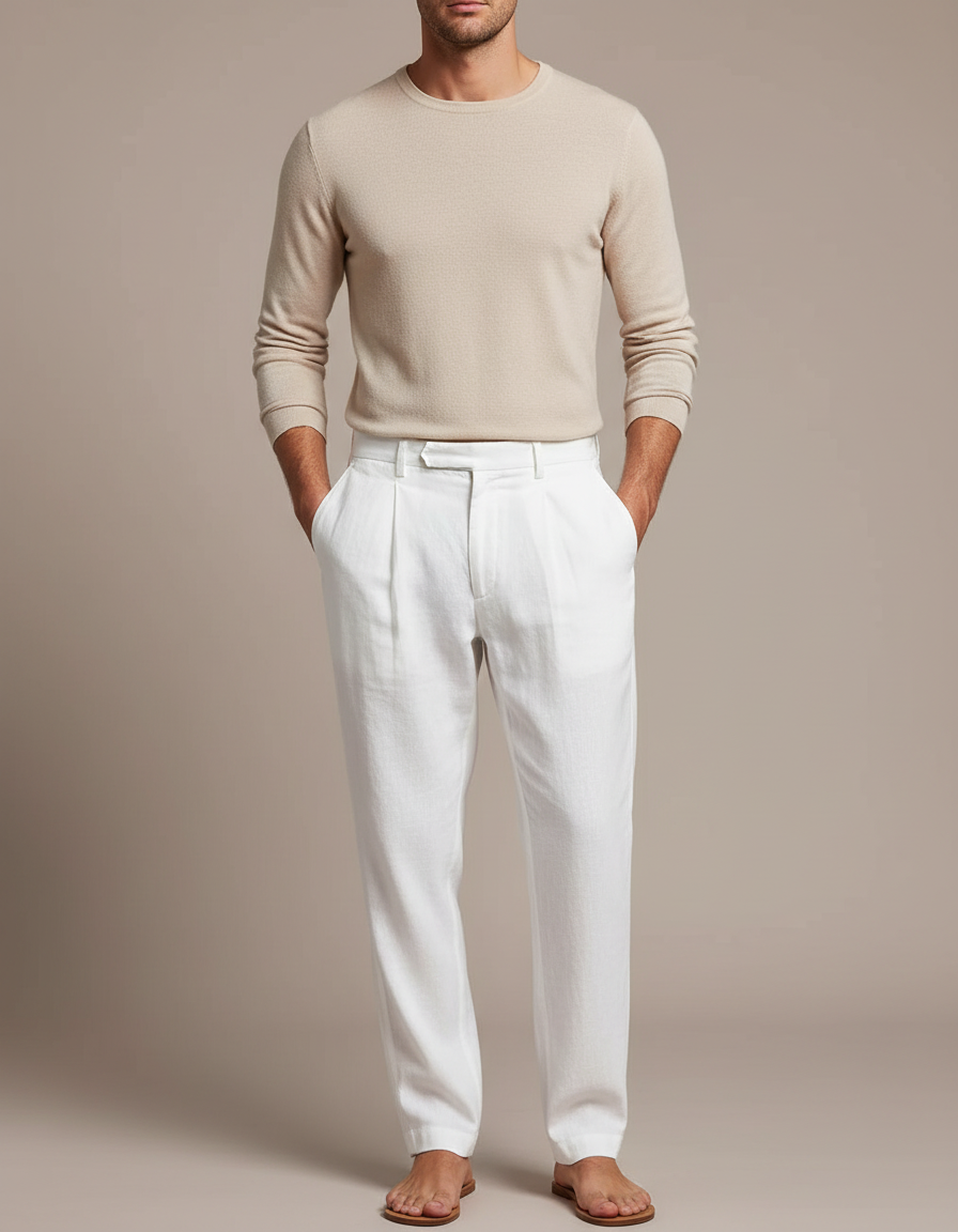 Pantalon À Pince Blanc Lin Plissé Droit Homme