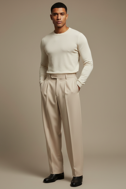 Pantalon À Pince Beige Plissé Ample Élégant Homme - Gabardine