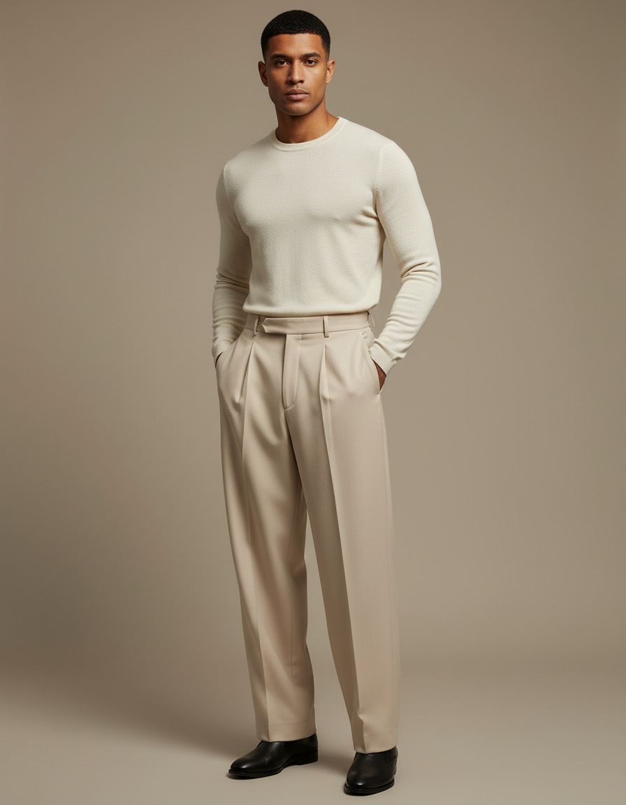 Pantalon À Pince Beige Plissé Ample Élégant Homme - Gabardine