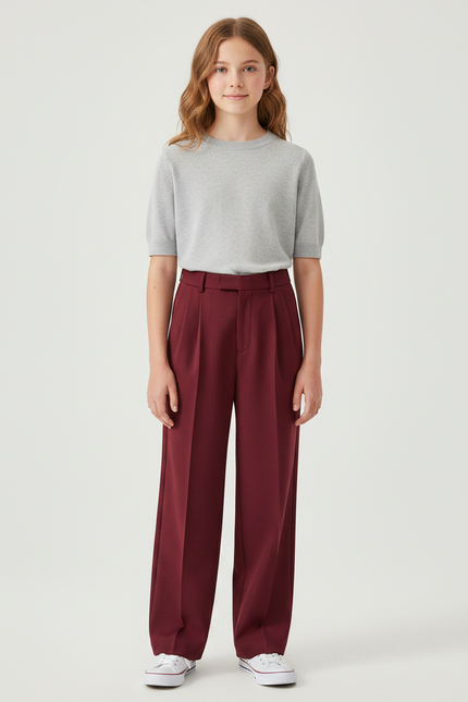 Pantalon À Pince Bordeaux Plissé Ample Décontracté Enfant - Gabardine