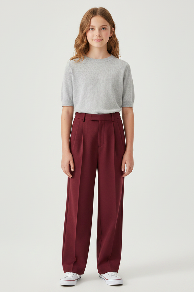 Pantalon À Pince Bordeaux Plissé Ample Décontracté Enfant - Gabardine