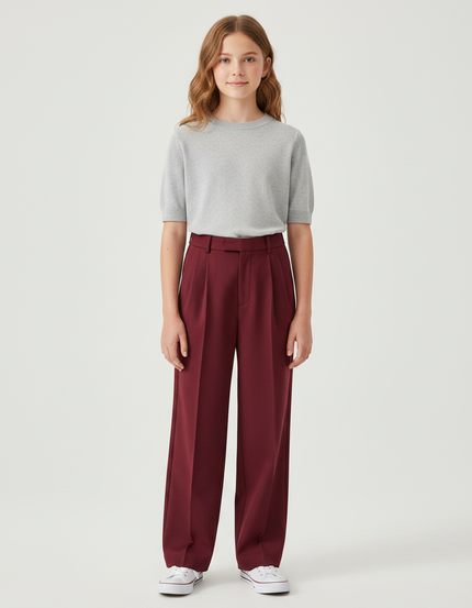 Pantalon À Pince Bordeaux Plissé Ample Décontracté Enfant - Gabardine