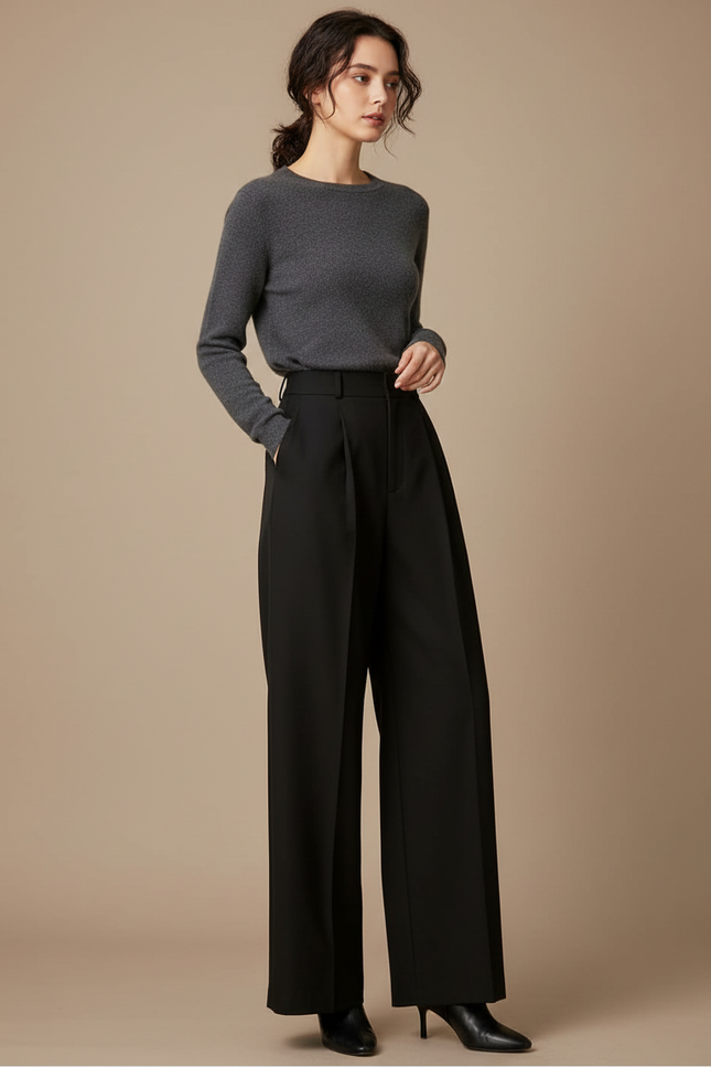 Pantalon À Pince Noir Ample Plissé Taille Haute Élégant - Gabardine