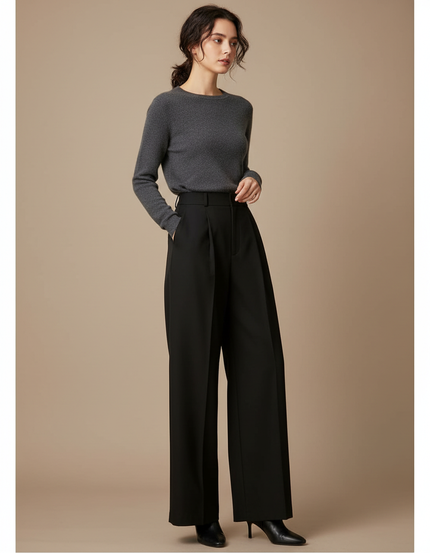 Pantalon À Pince Noir Ample Plissé Taille Haute Élégant - Gabardine