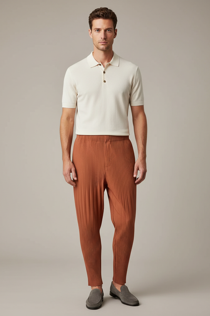Pantalon À Pince Plissé Marron Décontracté Ample Homme - Polyester