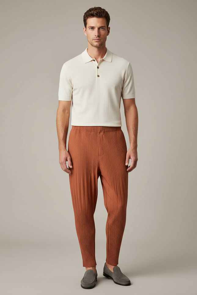 Pantalon À Pince Plissé Marron Décontracté Ample Homme - Polyester