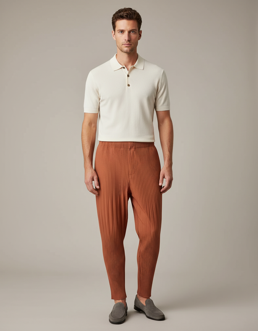 Pantalon À Pince Plissé Marron Décontracté Ample Homme - Polyester