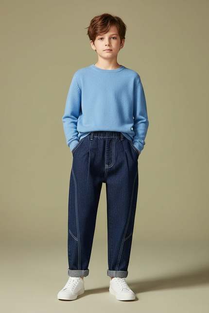 Pantalon À Pince Bleu Marine Plissé Garçon Denim - Jean