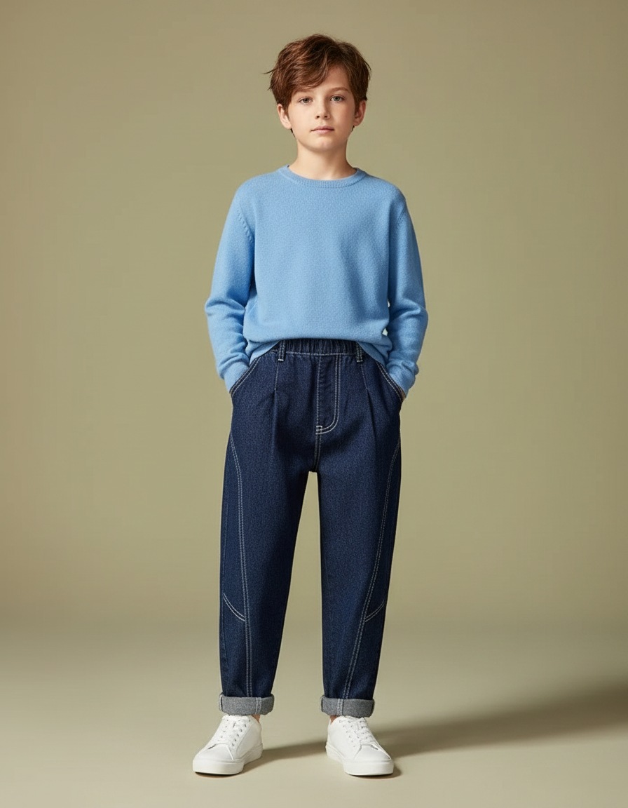 Pantalon À Pince Bleu Marine Plissé Garçon Denim - Jean