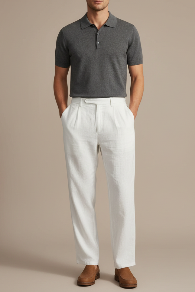 Pantalon À Pince Blanc Lin Ample Plissé Homme