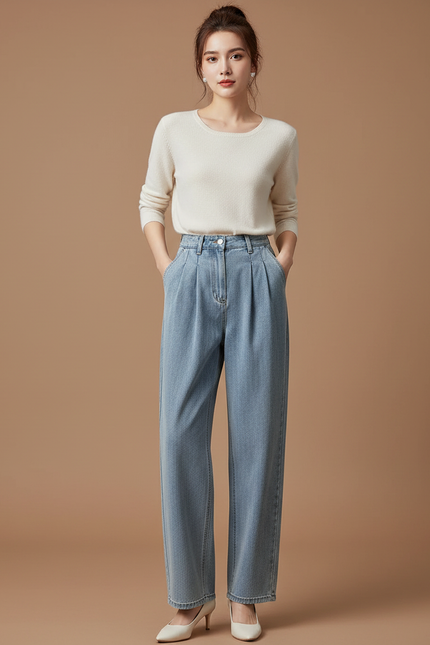 Pantalon À Pince Bleu Clair Ample Plissé Décontracté Femme - Jean