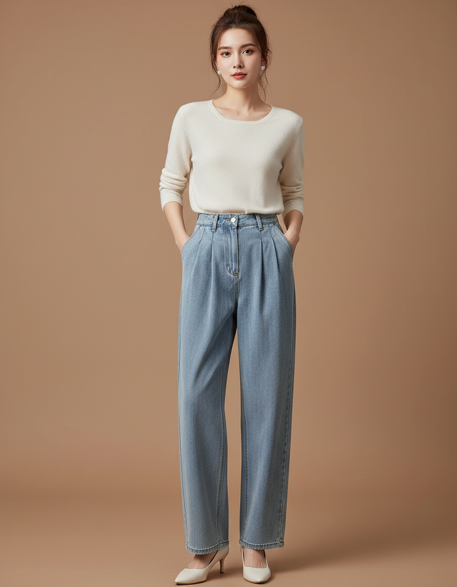 Pantalon À Pince Bleu Clair Ample Plissé Décontracté Femme - Jean