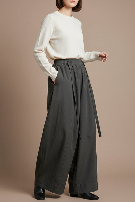 Pantalon À Pince Gris Ample Fluide Décontracté Femme - Kaki Polyester