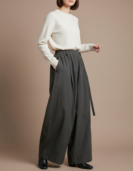 Pantalon À Pince Gris Ample Fluide Décontracté Femme - Kaki Polyester