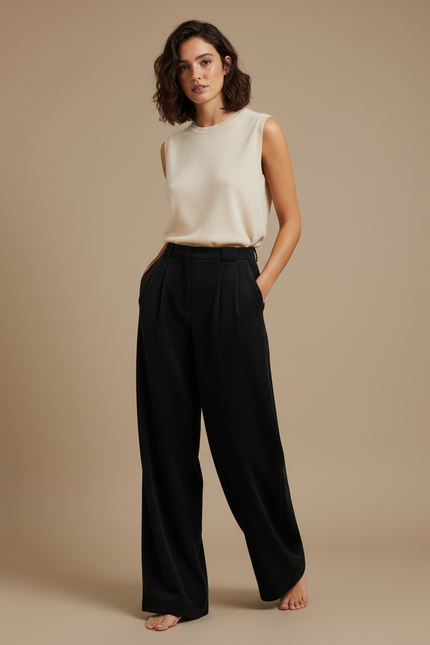 Pantalon À Pince Noir Ample Plissé Décontracté - Laine