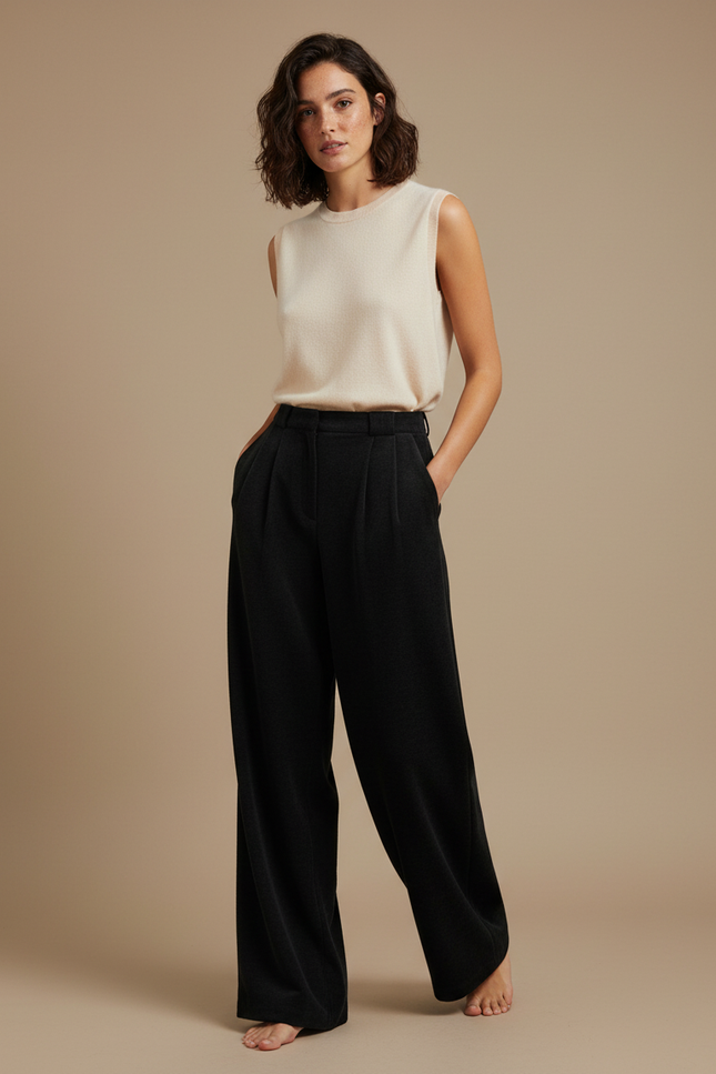 Pantalon À Pince Noir Ample Plissé Décontracté - Laine