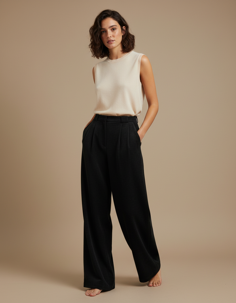 Pantalon À Pince Noir Ample Plissé Décontracté - Laine